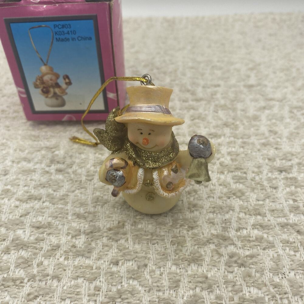 Vtg Ivory Snowman Ornament W/Gold Sparkling Scarf Ceramic or Resin
